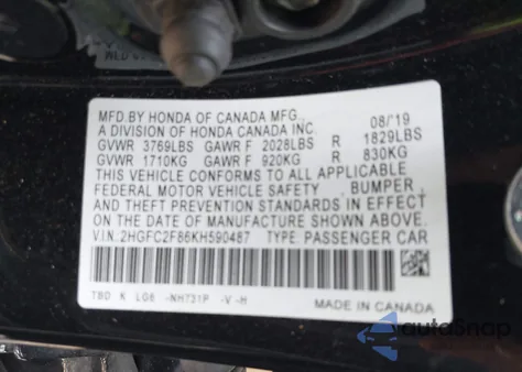 2019 Honda Civic Sport from USA, damaged, VIN 2HGFC2F86KH590487